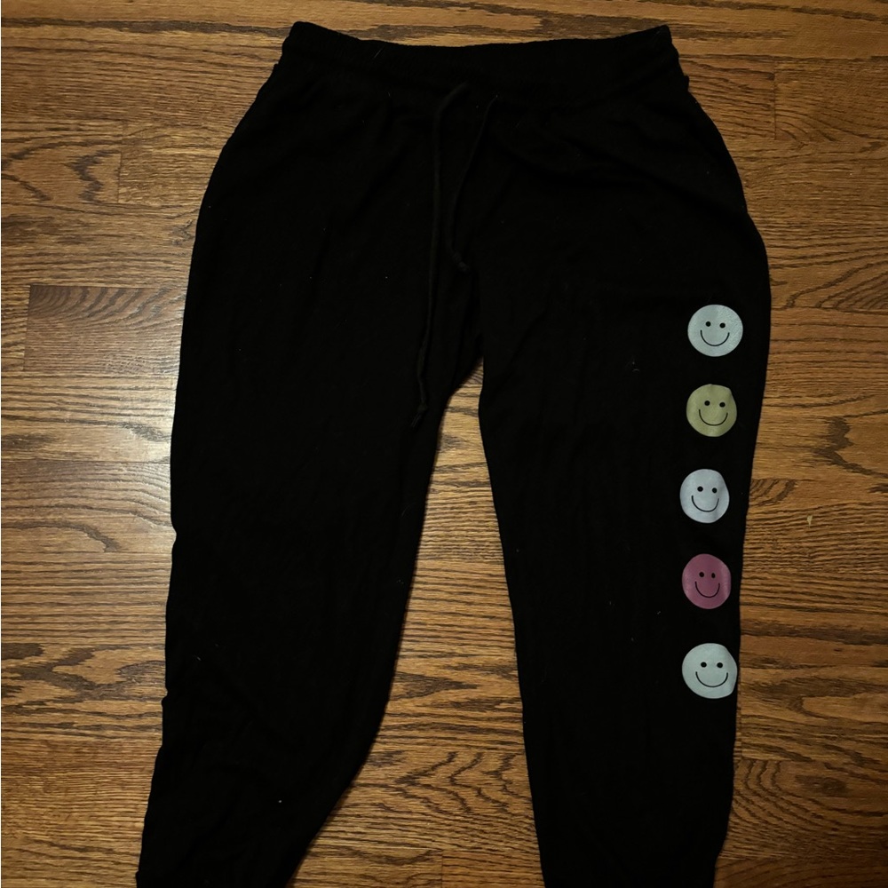 Black Joggers with Colorful Smiley Faces